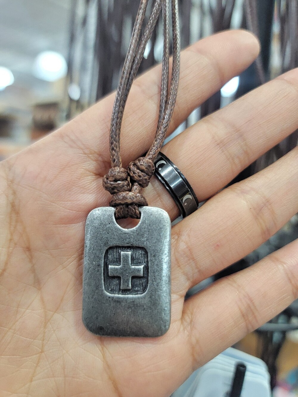 Men's Rustic Silver Cross Pendant Necklace with Brown Cord